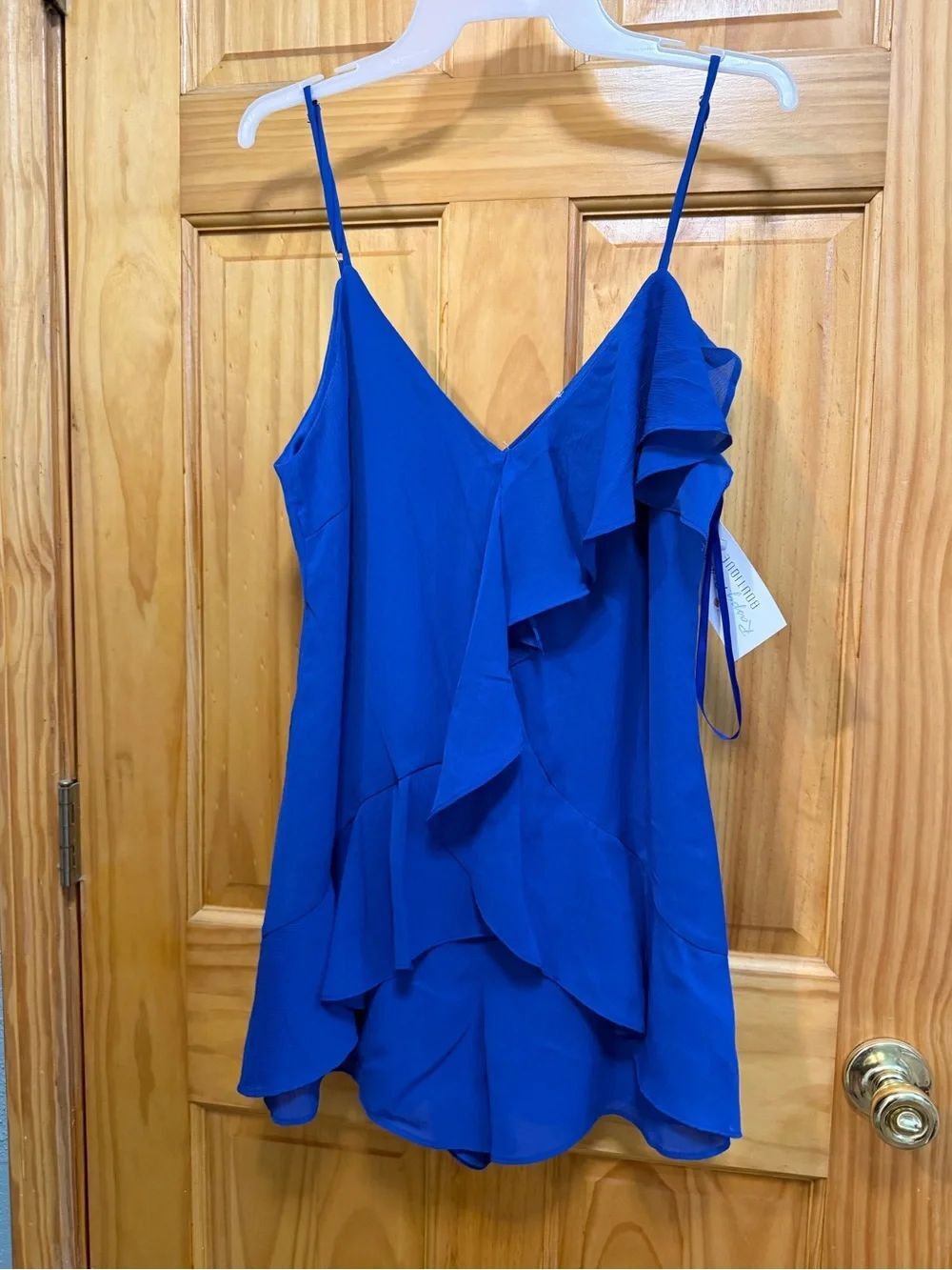 NWT Raspy Peach Royal Blue Ruffle romper size M